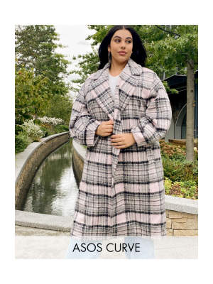 Asos Design Curve Brushed Check Coat With Extreme Sleeve