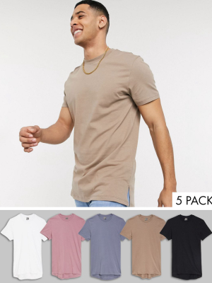 Asos Design 5 Pack Longline T-shirt With Side Splits