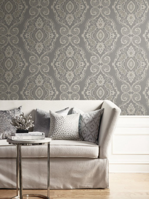 Nautical Damask Wallpaper In Black Sands From The Beach House Collection By Seabrook Wallcoverings