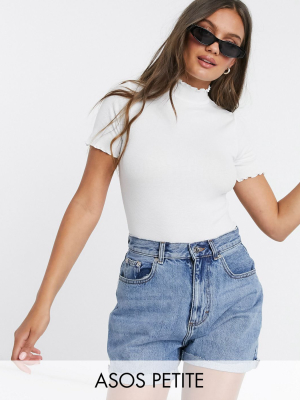 Asos Design Petite Turtleneck Bodysuit With Lettuce Edge And Half Sleeve In White