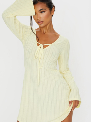 Cream Fine Rib Tie Neck Shift Dress