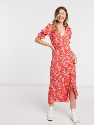 Asos Design Button Through Maxi Tea Dress With Shirred Waist In Floral Print