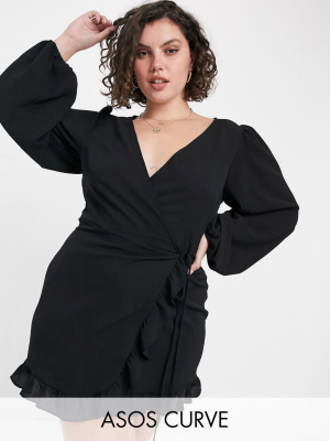 Asos Design Curve Mini Wrap Dress With Balloon Sleeves In Black