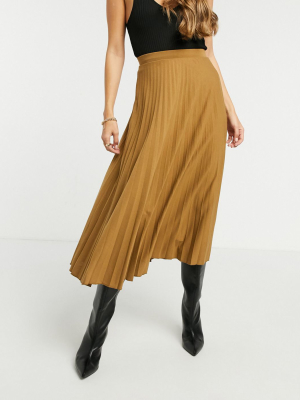 Asos Design Jersey Pleated Midi Skirt In Tan Marl