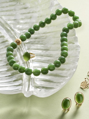 12mm Green Nephrite Jade And Gold Necklace