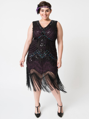 Unique Vintage Plus Size 1920s Deco Purple & Black Sequin Veronique Fringe Flapper Dress