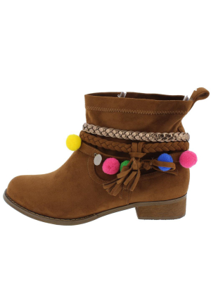 Grace1 Camel Multi Strap Pom Pom Disk Detailed Ankle Boot