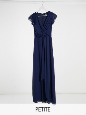 Tfnc Petite Bridesmaid Flutter Sleeve Ruffle Detail Maxi Dress In Navy