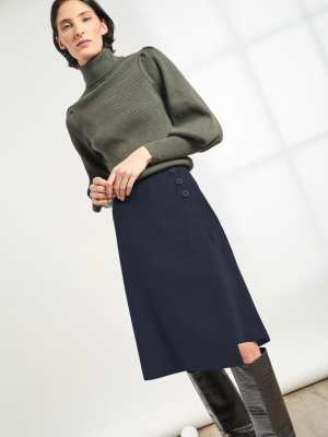Audrey Stretch Winter Wool Blend Flap Front A-line Skirt - Navy