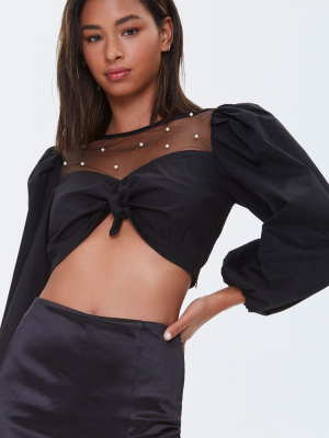 Faux Pearl Knotted Crop Top