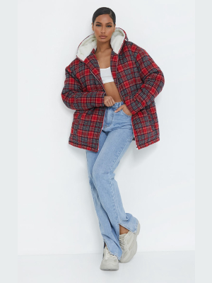 Red Brushed Checked Oversized Puffer Jacket