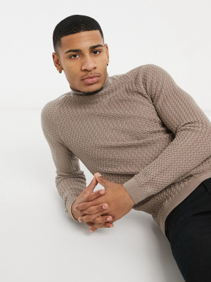 Asos Design Muscle Fit Cart Stitch Roll Neck Sweater In Mink