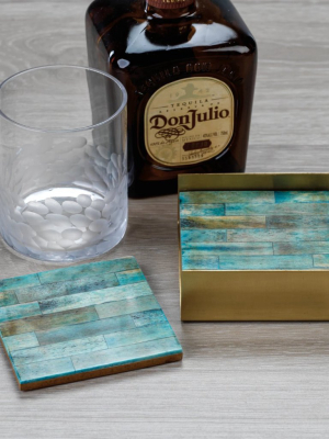 Set Of 4 Coasters On Metal Tray - Green/gold