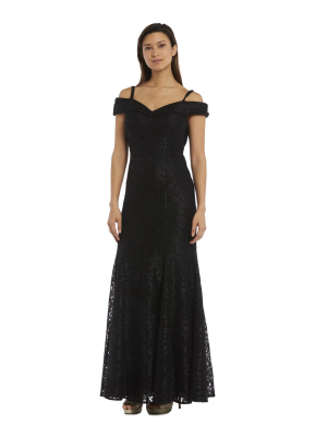 Shimmer-lace Gown With Off-the-shoulder Sleeves And Fishtail Dress - Petite