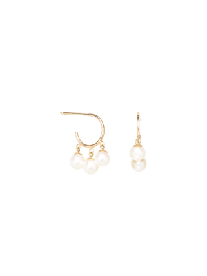 14k Huggie Hoops With Three Dangling Pearls