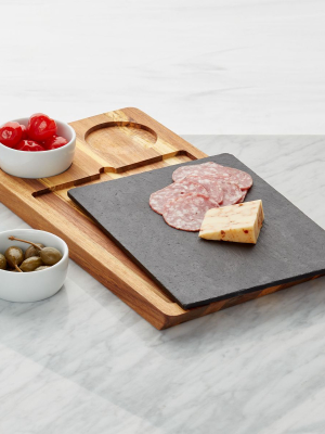 Slate And Wood Serving Board With Bowls