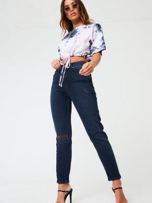 Ripped Straight Leg Denim Jeans - Blue Black