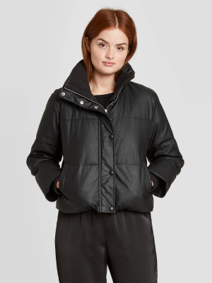 Women's Long Sleeve Cropped Faux Leather Puffer Jacket - Prologue™