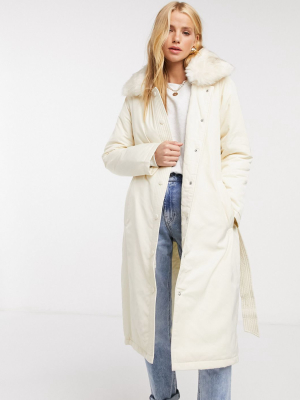 Fashion Union Puffer Coat With Faux-fur Trim And Belt