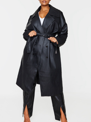 Plus Black Faux Leather Drop Arm Midi Trench