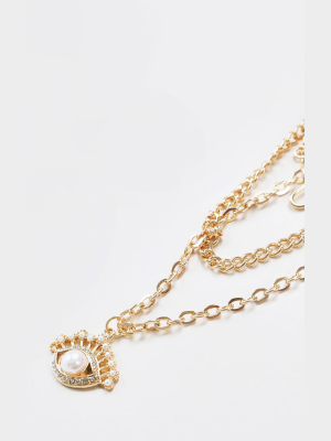 Gold Layering Chain Pearl Diamante Eye Necklace