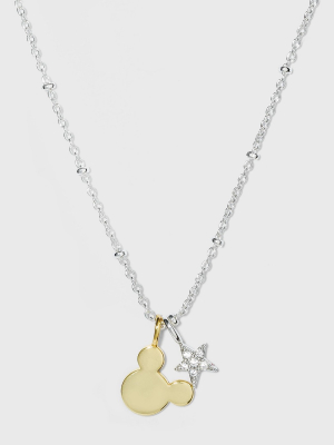 Disney Mickey Mouse And Cubic Zirconia Star Charm Necklace - Silver