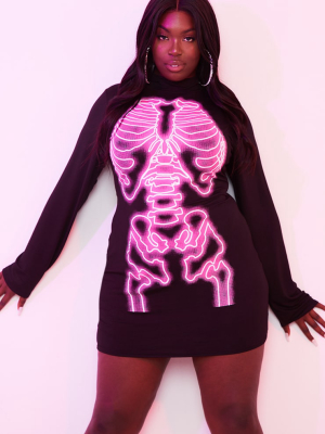 Plus Black Neon Skeleton Print Bodycon Dress