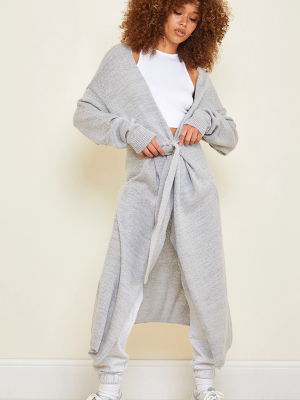 Grey Tie Waist Knitted Maxi Cardigan