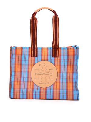 Tory Burch Ella Logo Patched Checked Tote Bag