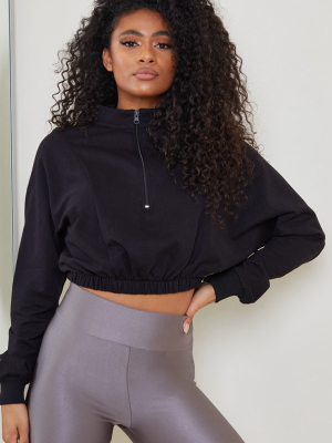 Black Cropped Zip Up Sports Sweater