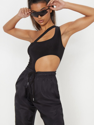 Black Slinky Cut Out One Shoulder Bodysuit