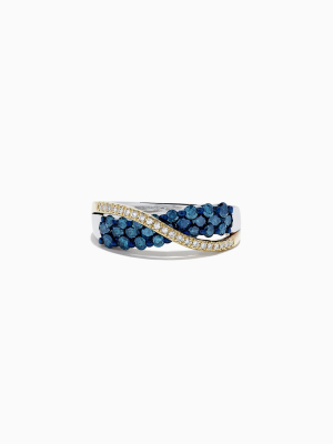 14k Two Tone Gold Blue And White Diamond Crossover Ring, 1.00 Tcw