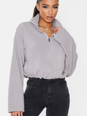 Charcoal Grey Zip Front Crop Fleece Sweater