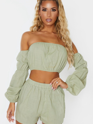 Pale Khaki Linen Look Bardot Puff Sleeve Beach Top