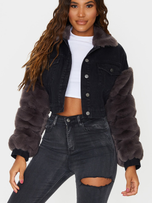 Washed Acid Black Fur Sleeved Denim Jacket