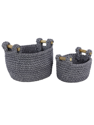 Olivia & May 20"x13"x16"x11" Set Of 2 Large Round Mesh Cotton Rope Storage Baskets With Teak Wood Handles Navy Blue