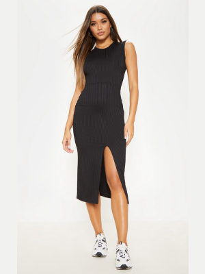 Black Split Front Ribbed Midi Dress