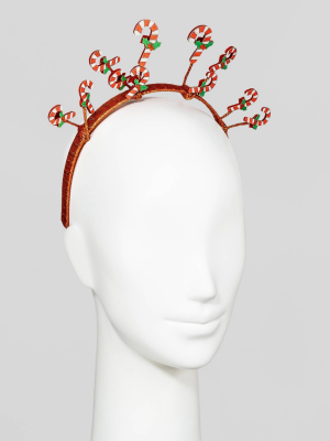 Glitter Candy Cane With Holly Headband - Red