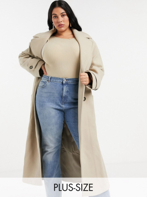 Asos Design Curve Belted Luxe Maxi Coat In Camel