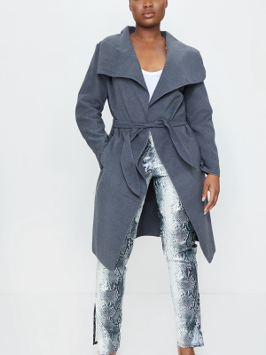 Petite Charcoal Oversized Waterfall Belted Coat