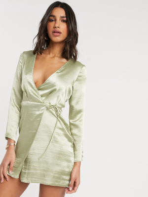 Asos Design Wrap Mini Dress In High Shine Satin