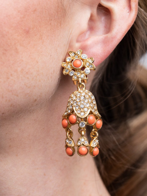 Gold And Coral Drop Clip Earrings