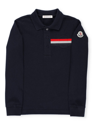 Moncler Enfant Logo Stripe Long-sleeve Polo Shirt