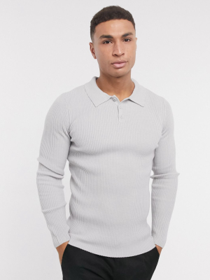 Asos Design Muscle Fit Ribbed Polo In Light Gray