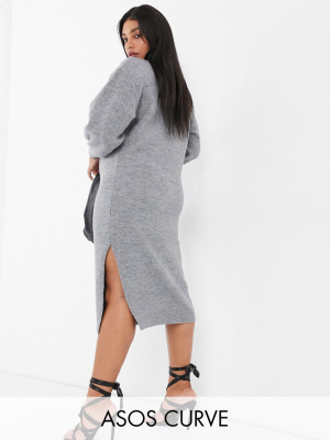 Asos Design Curve Crew Neck Midi Dress With Volume Sleeve