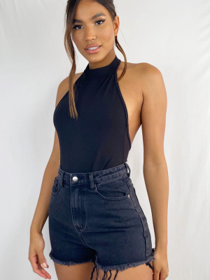 Black Crepe Halterneck Back Panel Bodysuit