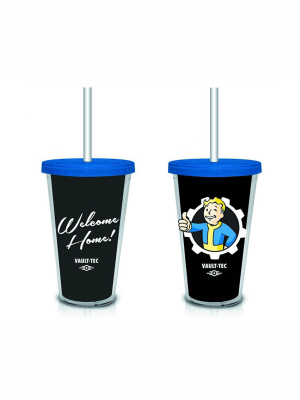 Just Funky Fallout "welcome Home" Vault-tec (black) 18oz. Travel Cup With Straw