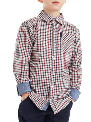 Boys' Red/white/blue Long-sleeve Plaid Button-down Shirt (sizes 4-7)