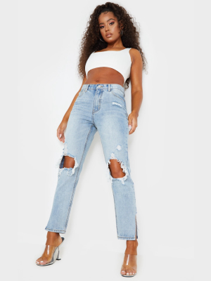 Light Blue Wash Side Distressed Split Hem...