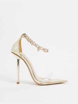 Simmi London Felicia Heeled Sandals With Diamante Anklet In Light Gold